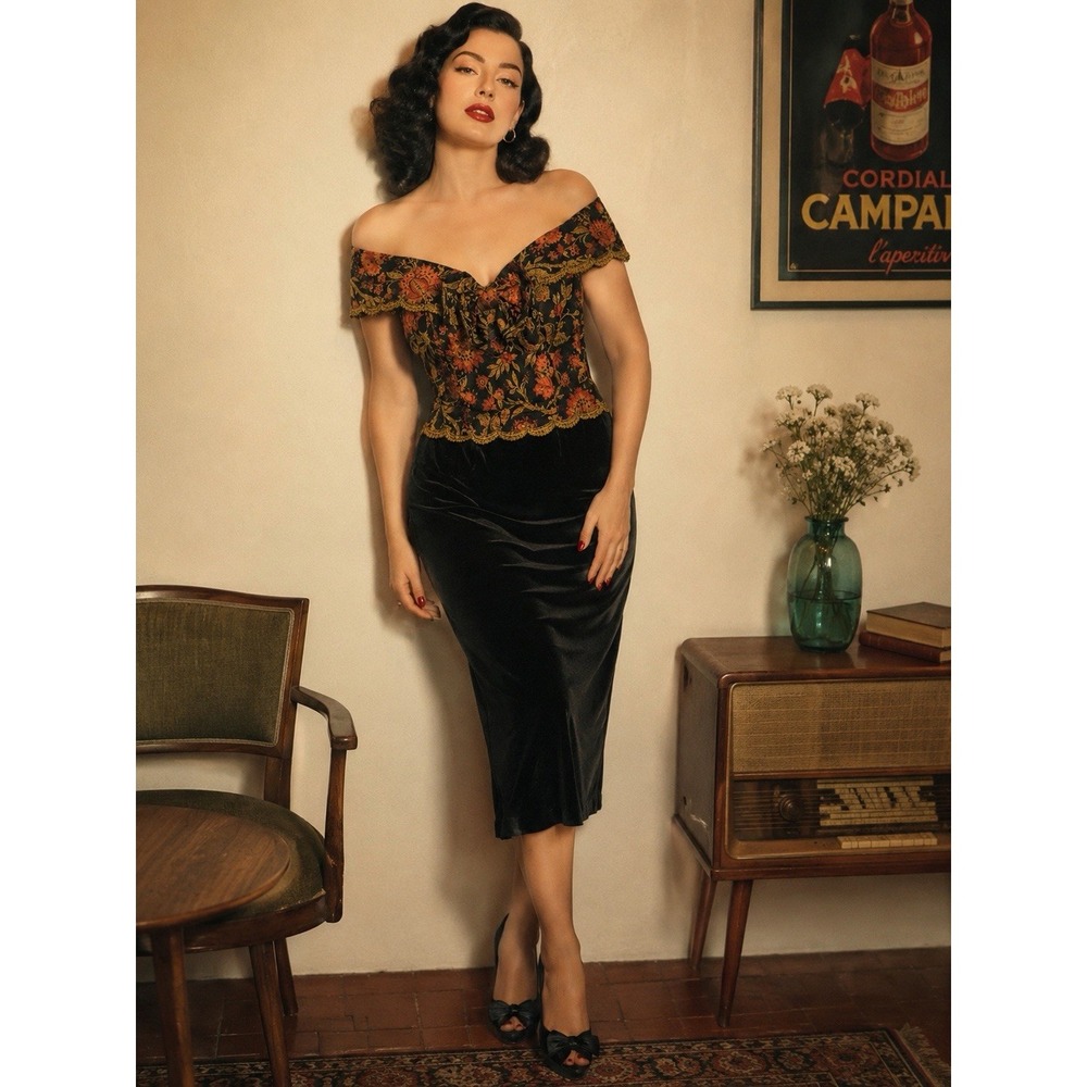 VTG 50s 60s Black Velvet Floral Gold Metallic Lace Off Shoulder Party Dress 12